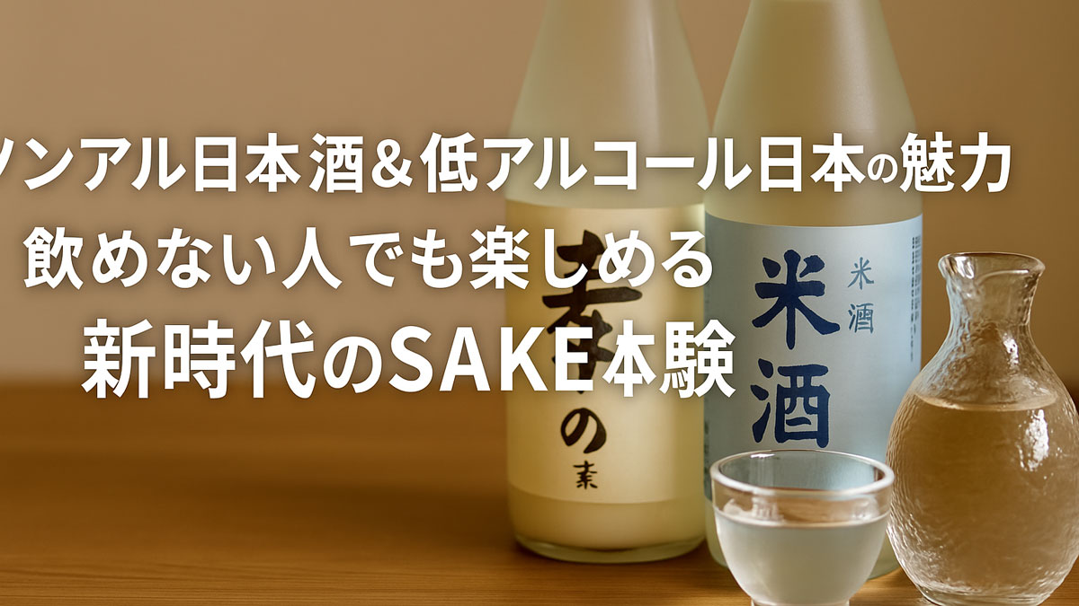 ノンアル日本酒と低アルコール日本酒のボトル2本と、酒器と杯が木のテーブルに並ぶシーン。背景はやさしいベージュトーンで、日本語タイトル「ノンアル日本酒&低アルコール日本酒の魅力|飲めない人でも楽しめる新時代のSAKE体験」が中央に配置された、温もりある和の雰囲気を伝えるアイキャッチ画像。