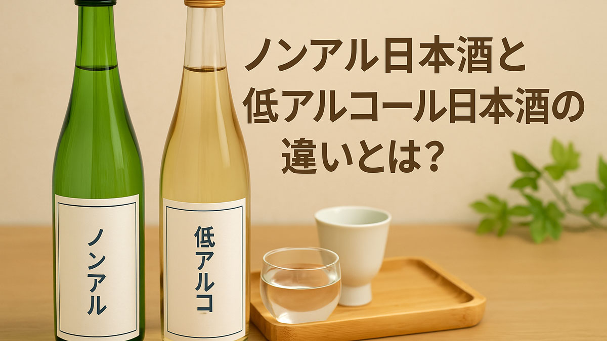 ノンアル日本酒と低アルコール日本酒のボトルが木製トレイの上に並び、手前には酒器と杯が置かれたナチュラルな雰囲気の画像。背景には優しい光とグリーンの葉があしらわれ、「ノンアル日本酒と低アルコール日本酒の違いとは？」という日本語テキストが表示された構成。