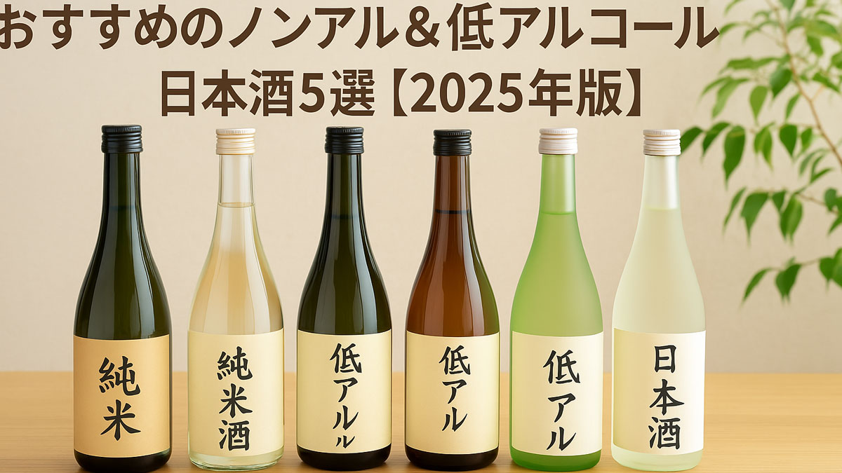 木のテーブルの上に、5本のノンアル＆低アルコール日本酒が整然と並ぶナチュラルで優しい印象の画像。背景には観葉植物とベージュの壁があり、上部には「おすすめのノンアル＆低アルコール日本酒5選【2025年版】」という日本語テキストが配置されている。
