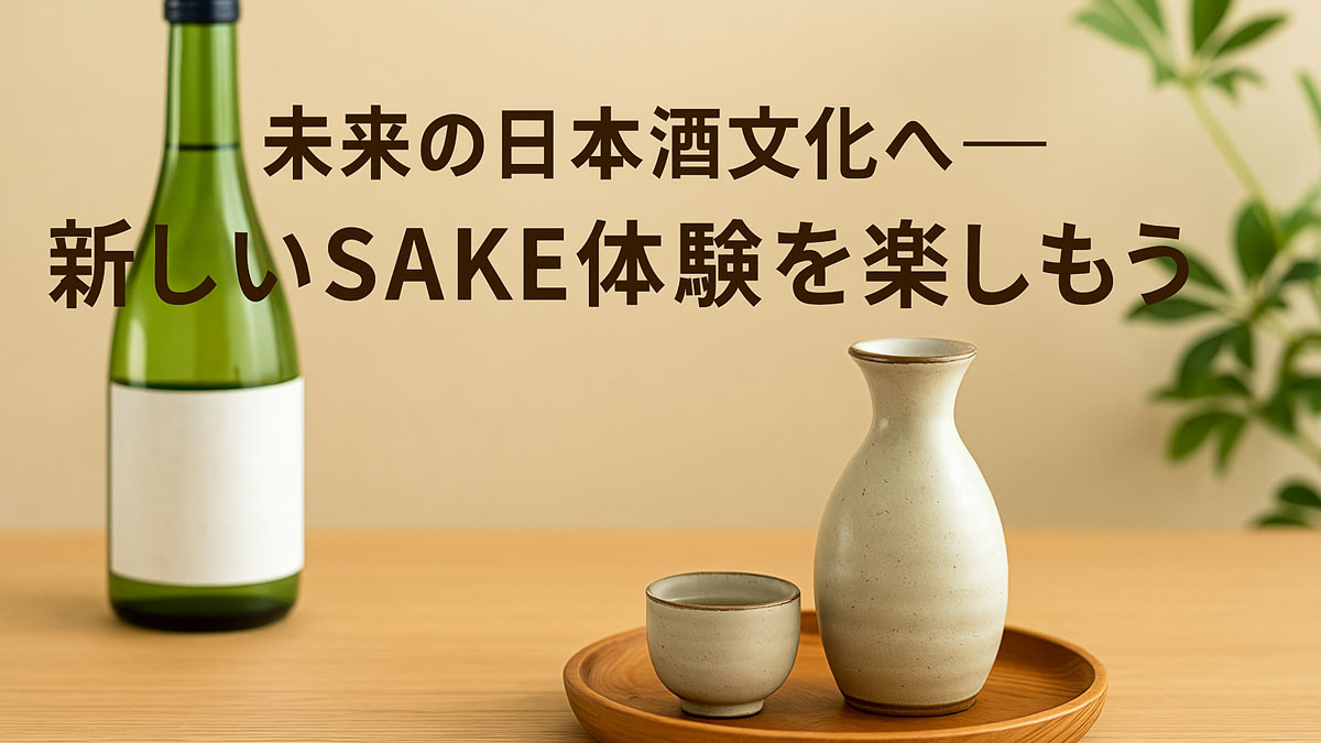 木目が美しいテーブルに、日本酒の瓶と酒器、木製トレイが優しく並べられ、背景にはグリーンの植物と淡いベージュの壁が配された構図。「未来の日本酒文化へ──新しいSAKE体験を楽しもう」という日本語テキストが画面上部に表示された、温もりある雰囲気のビジュアル。