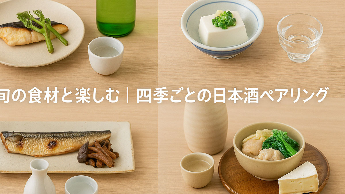 春夏秋冬の旬の食材を使った和洋の料理と日本酒が4つのエリアに分かれて並び、「旬の食材と楽しむ｜四季ごとの日本酒ペアリング」の文字が中央に配置された、やさしい配色とナチュラルな雰囲気の画像。