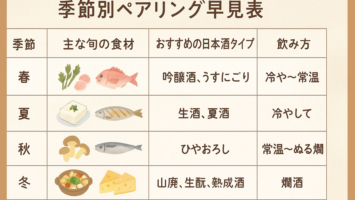 春夏秋冬の旬の食材とおすすめの日本酒タイプ、飲み方を表にまとめた「季節別ペアリング早見表」。それぞれの季節を象徴するイラスト付きで、冷やや燗といった飲み方まで丁寧に記載された、優しい配色とナチュラルな雰囲気