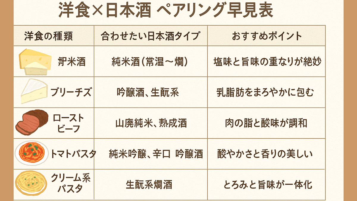 チーズやローストビーフ、パスタなどの洋食に合う日本酒タイプと、そのペアリングの特徴をまとめた「洋食×日本酒 ペアリング早見表」。イラスト付きで、ナチュラルな色合いと優しい雰囲気