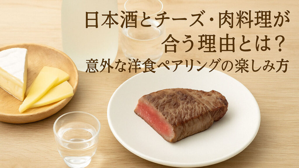 日本酒と洋食のペアリングをテーマに、チーズ、ステーキ、日本酒をナチュラルな雰囲気で並べた食卓のイメージ。