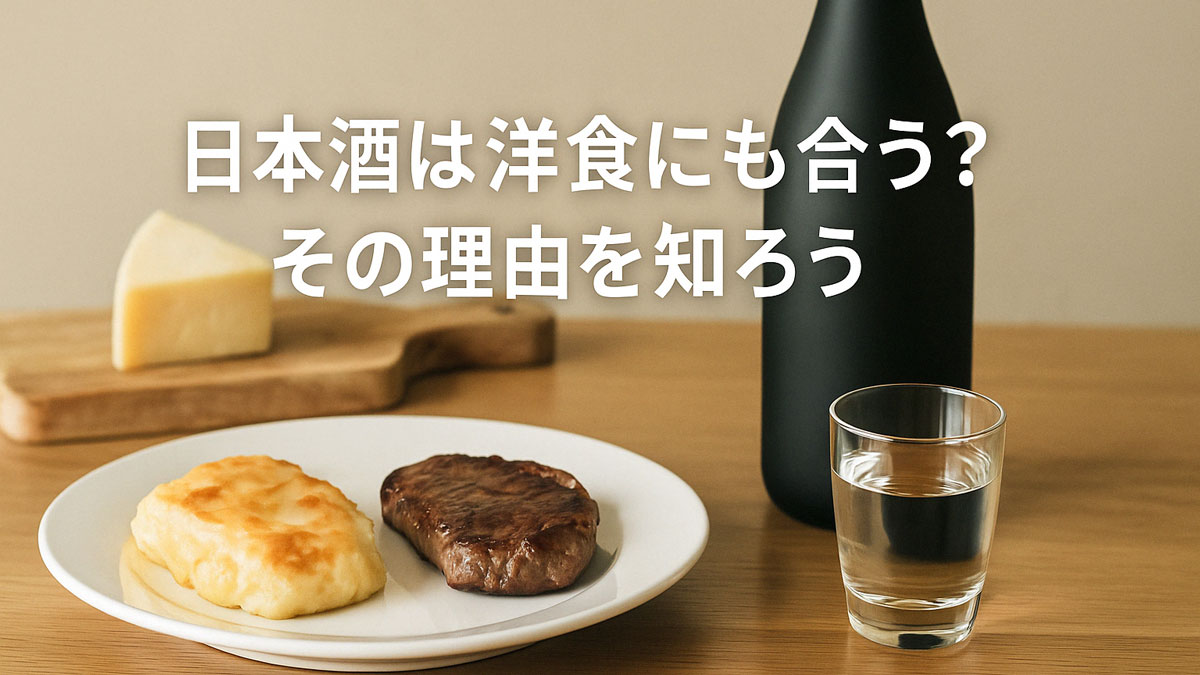 洋食のテーブルに日本酒、チーズ、ステーキが並ぶ食卓シーン。「日本酒は洋食にも合う？その理由を知ろう」の日本語テキスト入り。