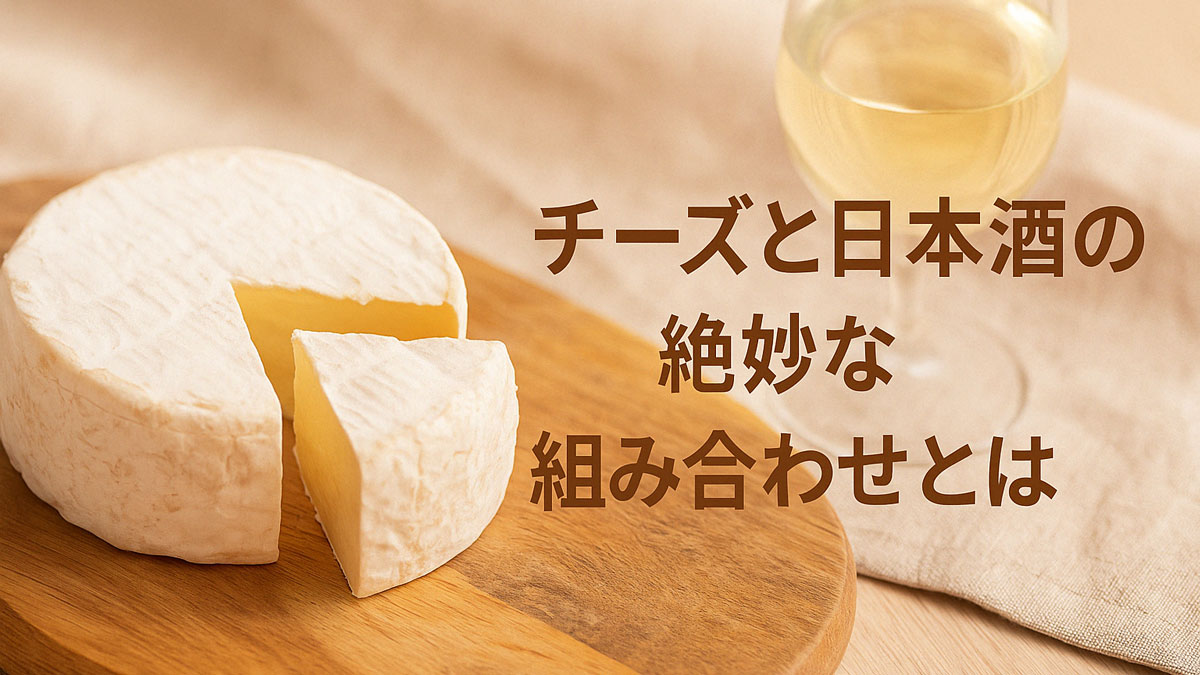 白カビ系チーズとグラスに注がれた日本酒が並ぶ木製カッティングボード上のシーン。「チーズと日本酒の絶妙な組み合わせとは」の日本語テキスト入り。