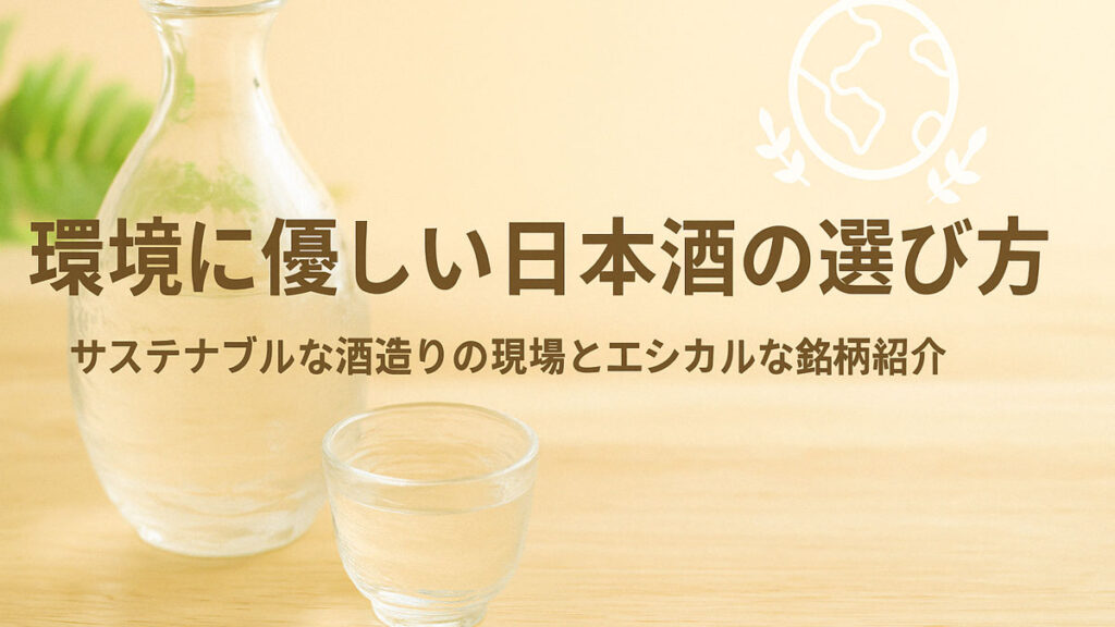 環境に優しい日本酒をイメージしたアイキャッチ画像。徳利とおちょこが木のテーブルに置かれ、右側には「環境に優しい日本酒の選び方 サステナブルな酒造りの現場とエシカルな銘柄紹介」の日本語テキスト入り。ナチュラルな配色と優しい雰囲気。