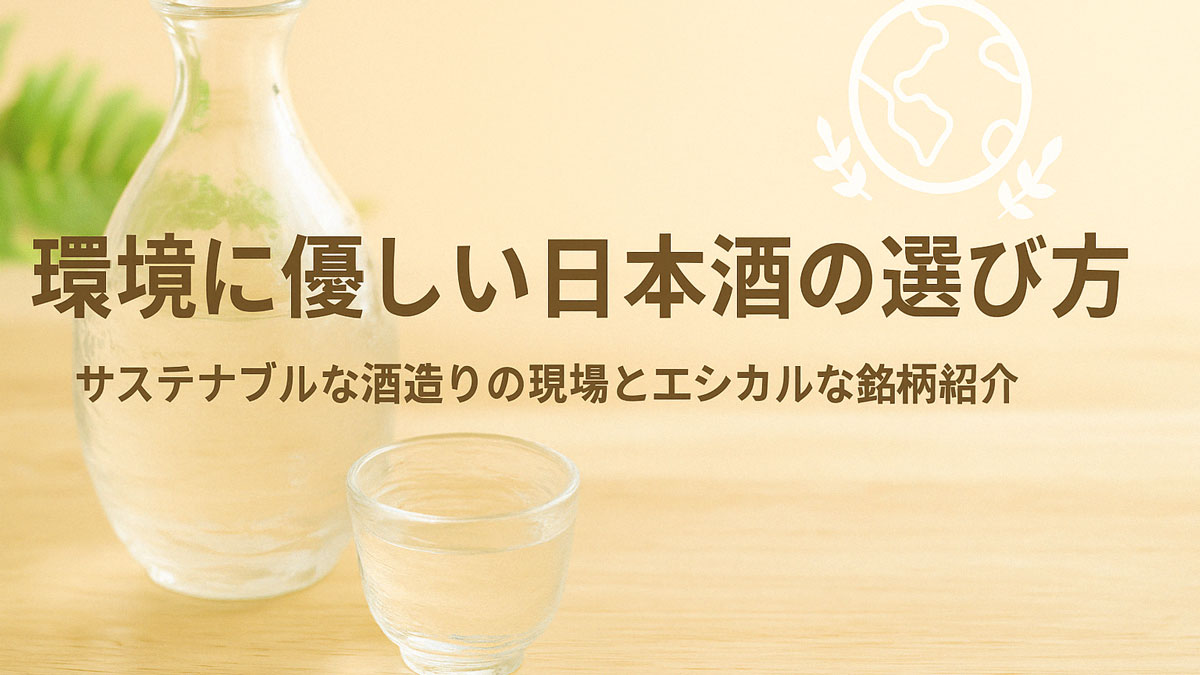 環境に優しい日本酒をイメージしたアイキャッチ画像。徳利とおちょこが木のテーブルに置かれ、右側には「環境に優しい日本酒の選び方 サステナブルな酒造りの現場とエシカルな銘柄紹介」の日本語テキスト入り。ナチュラルな配色と優しい雰囲気。