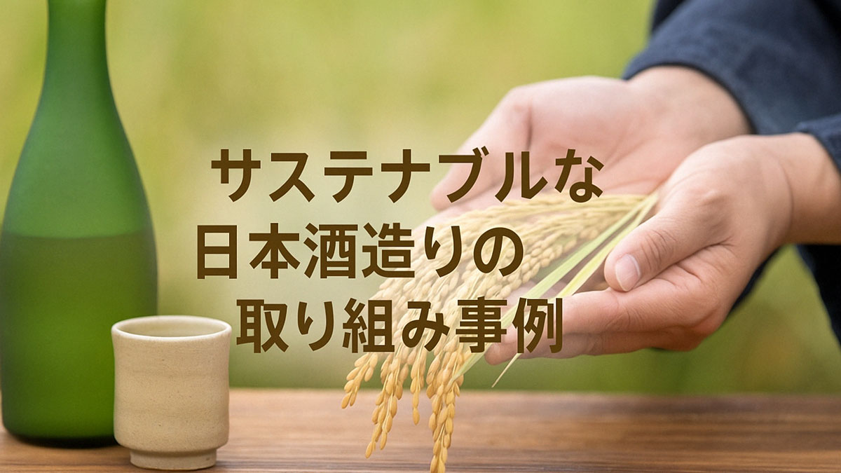 稲穂を両手で包む人の手元と、日本酒の瓶と器が並ぶ優しい雰囲気の画像。「サステナブルな日本酒造りの取り組み事例」という日本語テキストが中央右寄せに配置されている。ナチュラルな配色。