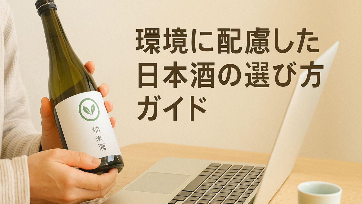パソコンの前で日本酒の瓶を手に取る人物の様子を描いた画像。「環境に配慮した日本酒の選び方ガイド」の日本語テキストが右寄せで配置され、ナチュラルな配色と優しい雰囲気で構成されている。