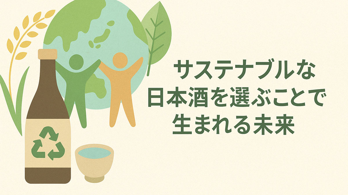 リサイクルマーク入りの日本酒瓶と地球、稲、人のイラストが描かれた優しい雰囲気の画像。「サステナブルな日本酒を選ぶことで生まれる未来」の日本語テキストが右寄せで配置されている。ナチュラルな配色。