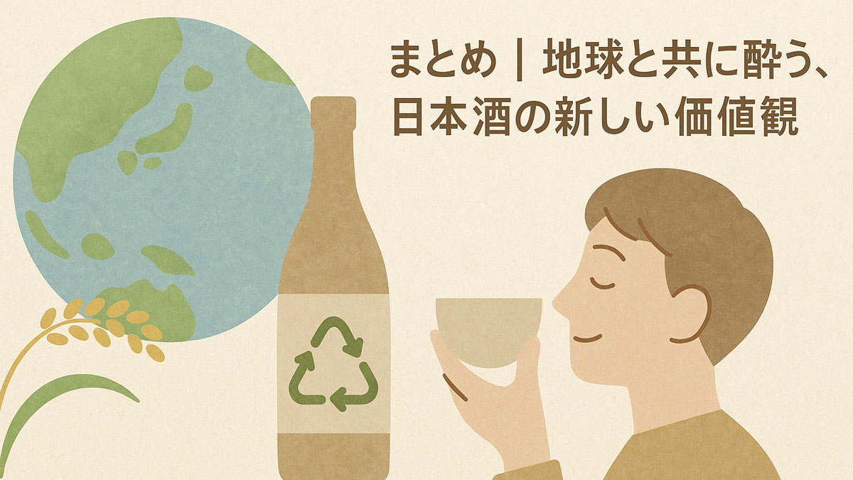 地球・稲穂・リサイクルマーク付きの日本酒瓶と、それを楽しむ人物のイラスト。「まとめ｜地球と共に酔う、日本酒の新しい価値観」の日本語テキストが右寄せで配置された、ナチュラルで優しい印象の画像。