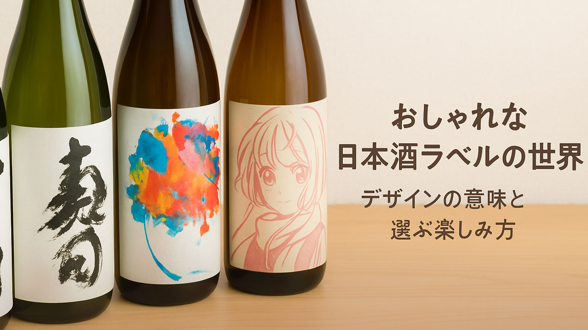 おしゃれな日本酒ラベルを並べたボトル4本。書道、抽象画、アニメ風など多様なデザインと「おしゃれな日本酒ラベルの世界 デザインの意味と選ぶ楽しみ方」の日本語テキストが右寄りに配置され、ナチュラルで優しい雰囲気に仕上げられている。