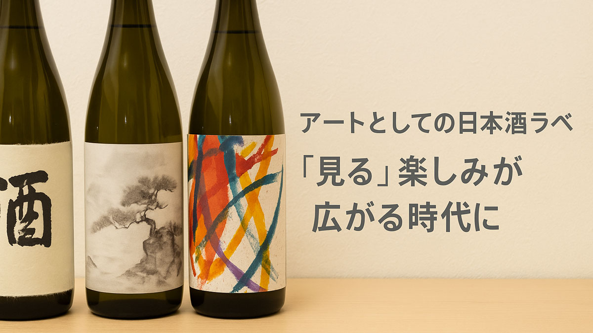 墨書・水墨画・抽象画風の日本酒ラベルが貼られたボトル3本が並び、右側に「アートとしての日本酒ラベル 『見る』楽しみが広がる時代に」という日本語のテキストが添えられた、ナチュラルで優しい雰囲気のイメージ。