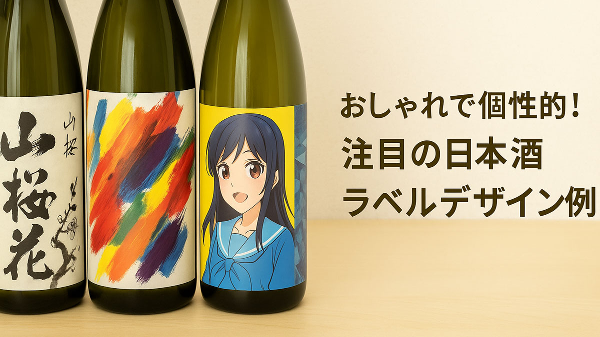 伝統的な筆文字・抽象アート・アニメ風キャラなど、多様なデザインの日本酒ラベルが並ぶボトルが3本配置され、右側には「おしゃれで個性的！注目の日本酒ラベルデザイン例」という日本語テキストが柔らかなナチュラル配色で配置された画像。