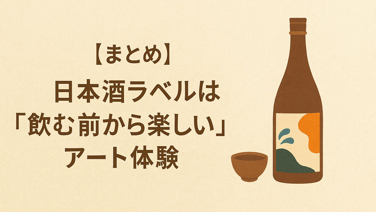 抽象的なラベルが貼られた日本酒の瓶とおちょこが右側に配置され、「【まとめ】日本酒ラベルは『飲む前から楽しい』アート体験」と日本語テキストが中央寄りに表示された、温かみのある和紙風背景の画像。