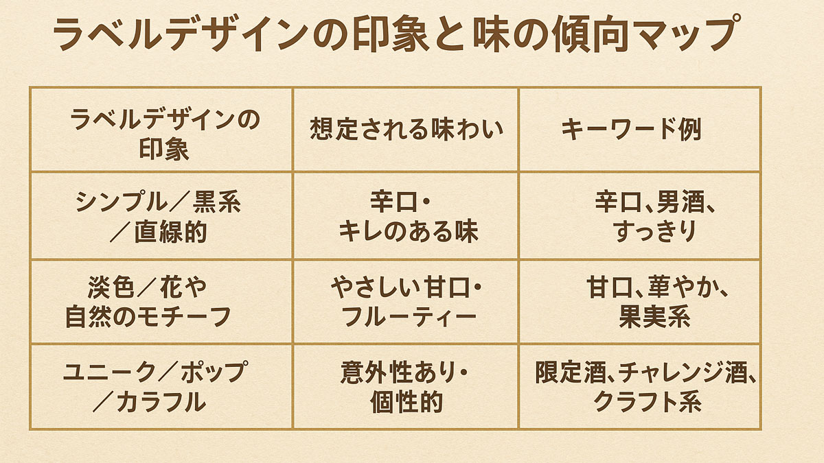 「ラベルデザインの印象と味の傾向マップ」というタイトルの日本語表付き図解。ラベルの見た目と味の傾向、キーワードの関係を、ナチュラル系の色調でやさしく整理して紹介している。