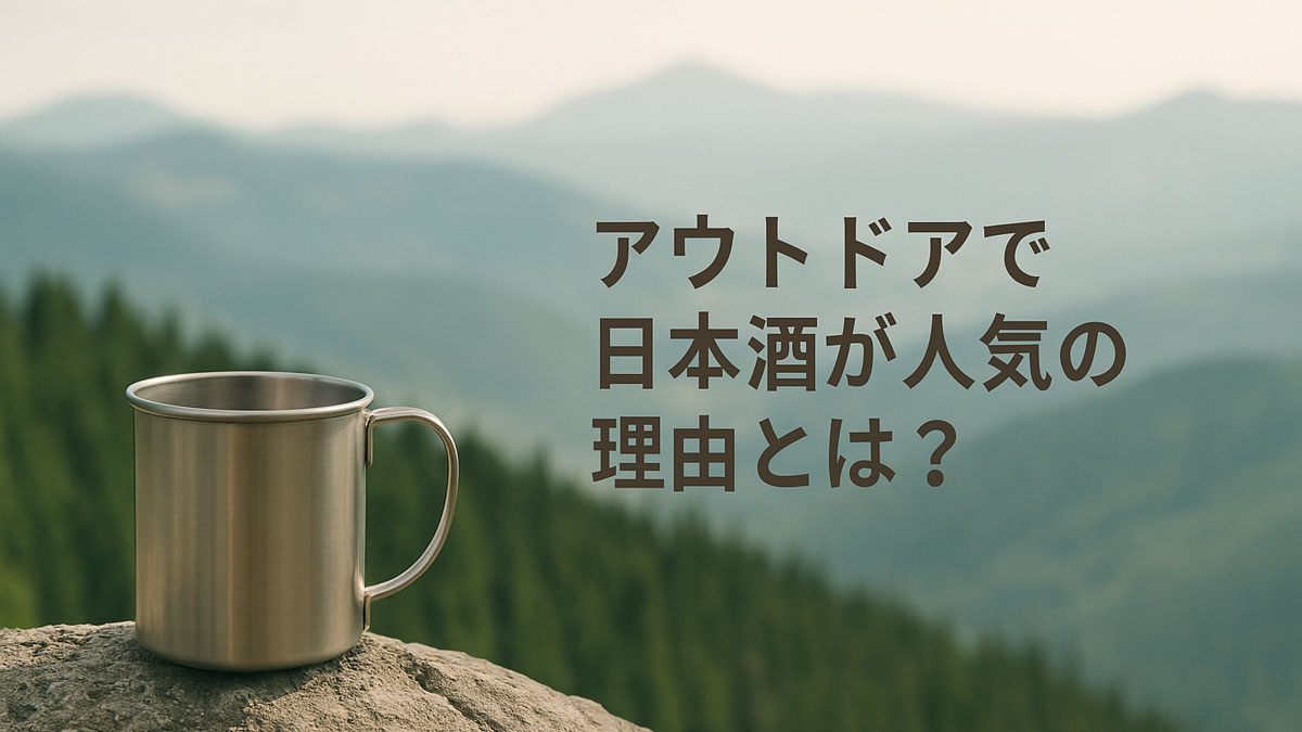 山々と森が広がるアウトドア風景の中、岩の上に置かれたステンレス製カップと、“アウトドアで日本酒が人気の理由とは？”という右寄せの日本語テキストが表示されたナチュラルな雰囲気の画像。