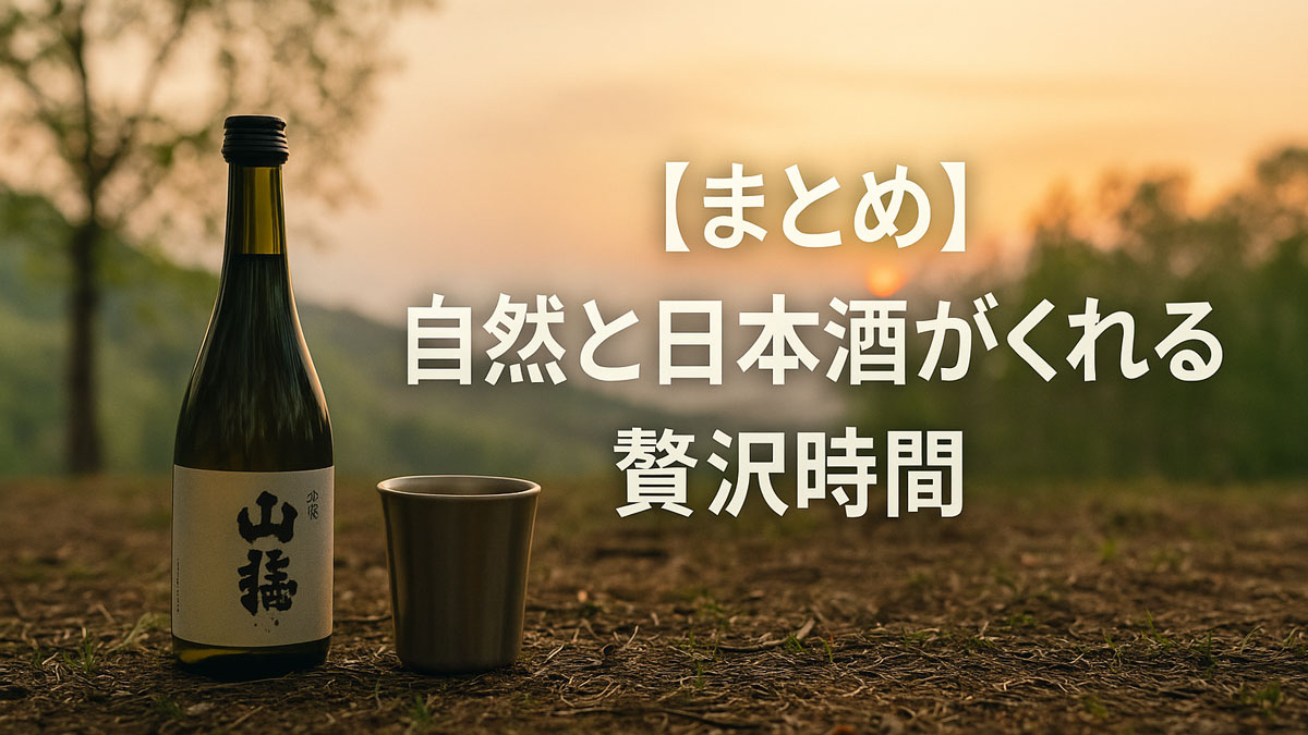 夕暮れの自然風景の中、地面に置かれた日本酒の瓶とステンレスカップ。“【まとめ】自然と日本酒がくれる贅沢時間”という日本語テキストが右寄せで表示された、優しい雰囲気のアウトドア日本酒まとめイメージ画像。