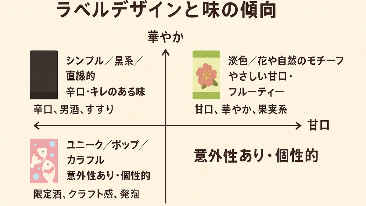“ラベルデザインと味の傾向”を示すマトリクス図。黒系・シンプルなラベルは辛口、淡色・自然モチーフのラベルは甘口・フルーティー、ポップでカラフルなラベルは個性的な味わいを示し、それぞれのキーワードとともに視覚的に分類されたナチュラル調の図解。