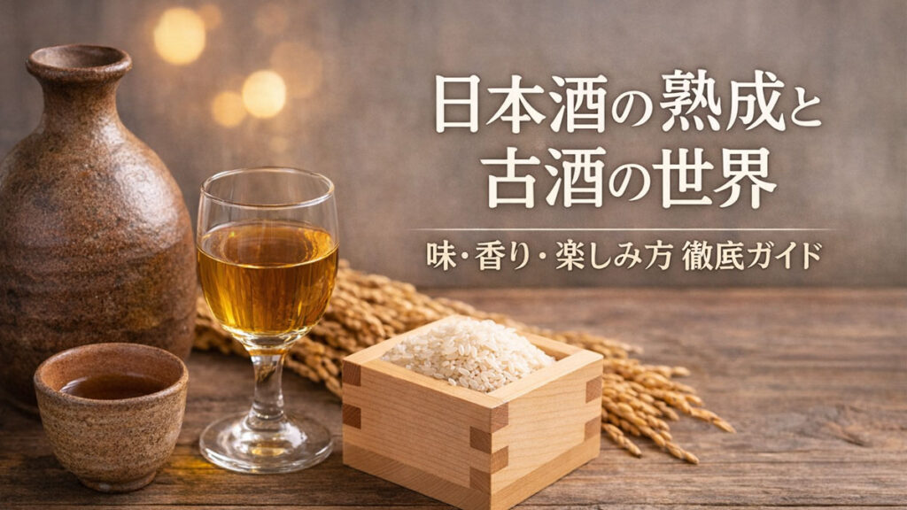徳利とお猪口、琥珀色の熟成日本酒のグラス、酒米を入れた木枡を木のテーブルに並べ、「日本酒の熟成と古酒の世界｜味・香り・楽しみ方徹底ガイド」と日本語テキストを右側に配置した、ナチュラルで優しい雰囲気のアイキャッチ画像