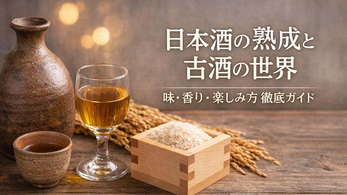 徳利とお猪口、琥珀色の熟成日本酒のグラス、酒米を入れた木枡を木のテーブルに並べ、「日本酒の熟成と古酒の世界｜味・香り・楽しみ方徹底ガイド」と日本語テキストを右側に配置した、ナチュラルで優しい雰囲気のアイキャッチ画像