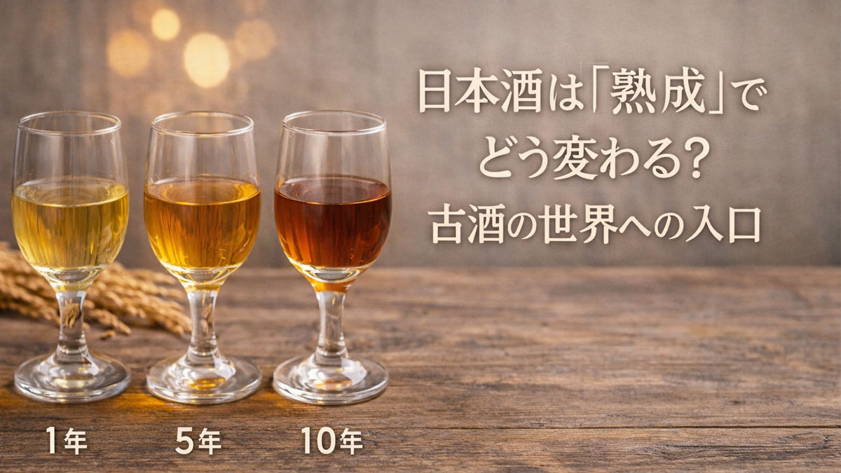 熟成年数の異なる日本酒を3つのグラスで並べ、色の違いを表現し、「日本酒は『熟成』でどう変わる?古酒の世界への入口」という日本語テキストを右側に配置した、ナチュラルで優しい雰囲気の解説イメージ画像
