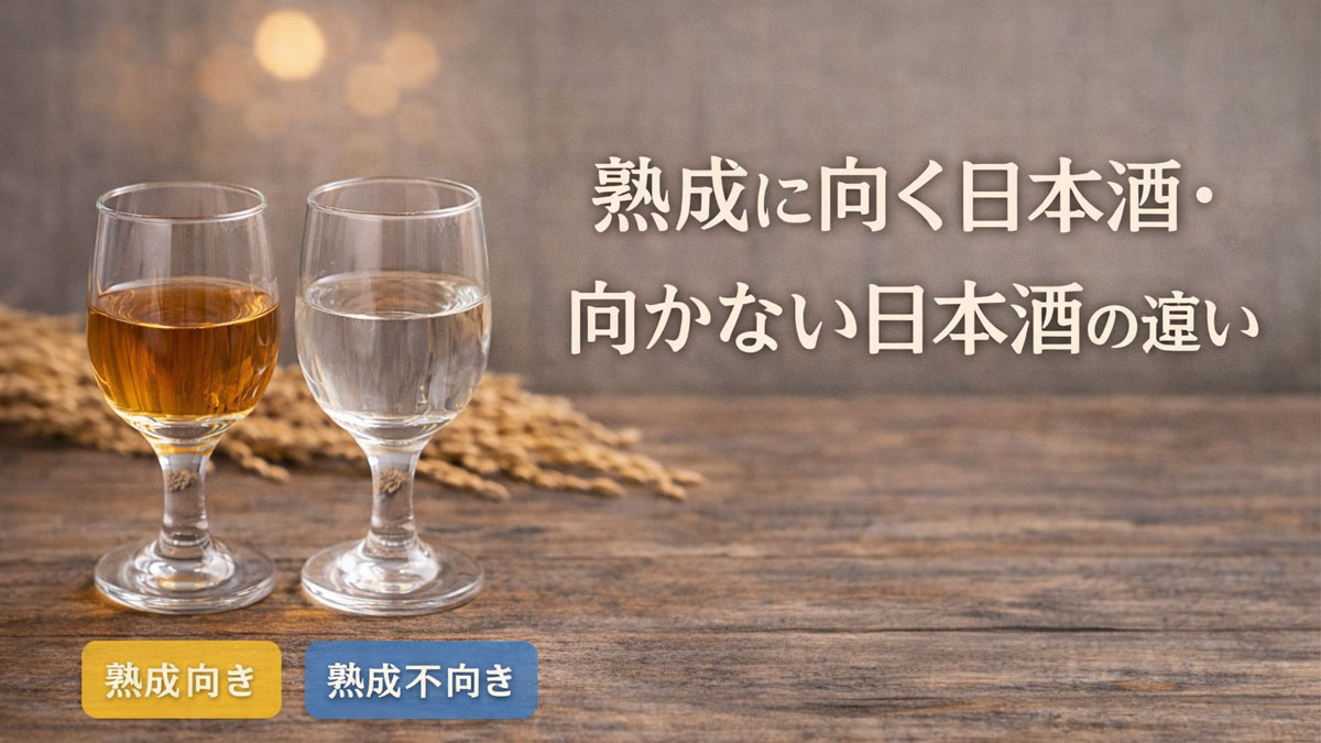 琥珀色の熟成向き日本酒と透明な熟成に向かない日本酒を2つのグラスで並べ、稲穂を背景に「熟成に向く日本酒・向かない日本酒の違い」と日本語テキストを右側に配置した、ナチュラルで優しい雰囲気の比較イメージ画像