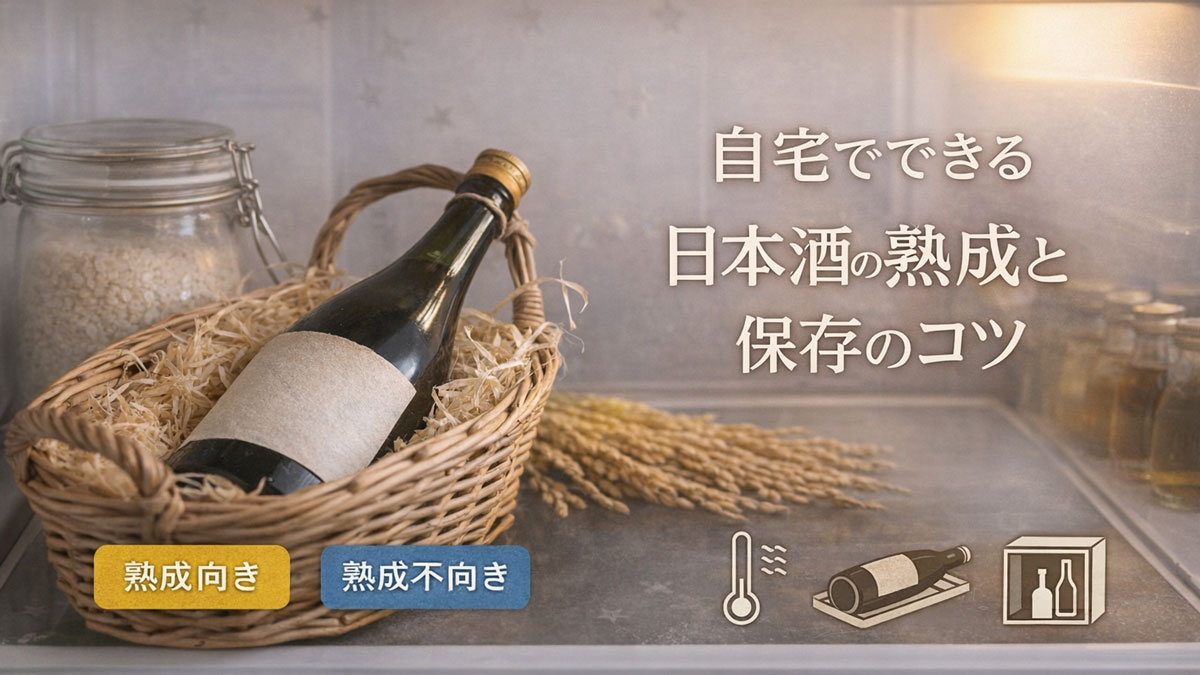 冷蔵庫の中に籠に入れた日本酒ボトルと酒米の瓶、稲穂を配置し、「自宅でできる日本酒の熟成と保存のコツ」と日本語テキストを右側に配した、ナチュラルで優しい雰囲気の解説イメージ画像
