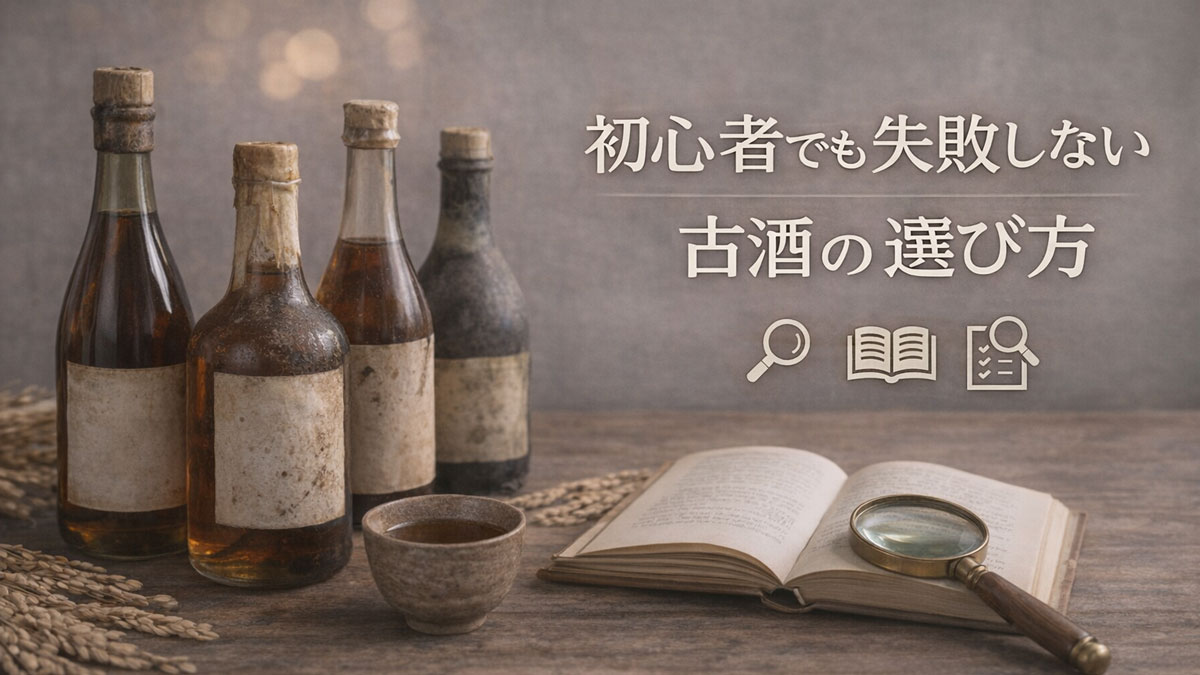 古酒のボトルを4本並べ、虫眼鏡とガイドブック、稲穂とお猪口を木のテーブルに配置し、「初心者でも失敗しない古酒の選び方」と日本語テキストを右側に入れた、ナチュラルで優しい雰囲気の解説イメージ画像