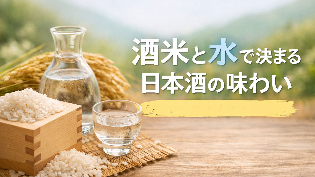 酒米が入った木枡と稲穂、徳利とお猪口、水をイメージした背景に「酒米と水で決まる日本酒の味わい｜テロワールから選ぶSAKE入門ガイド」の文字を配したナチュラルなアイキャッチ画像