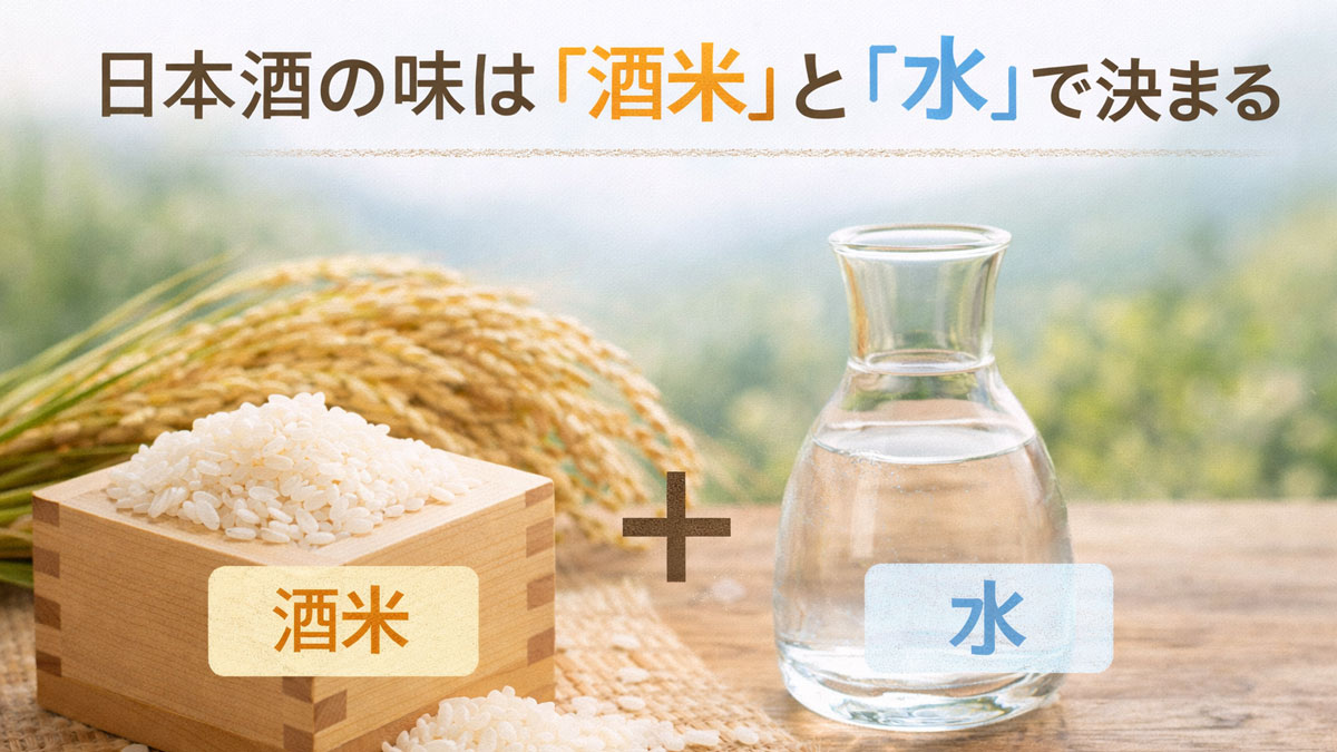 木枡に入った酒米と稲穂、徳利に入った水を並べ、「日本酒の味は『酒米』と『水』で決まる」と日本語テキストを入れた、ナチュラルで優しい雰囲気のイメージ画像