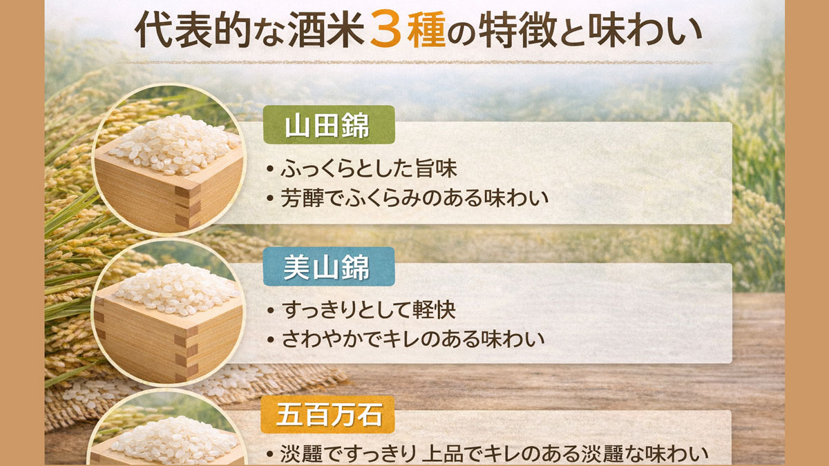 山田錦・美山錦・五百万石の3種類の酒米を木枡と稲穂の写真で紹介し、それぞれの味わいの特徴を日本語テキストで示した、ナチュラルで優しい雰囲気の解説イメージ画像