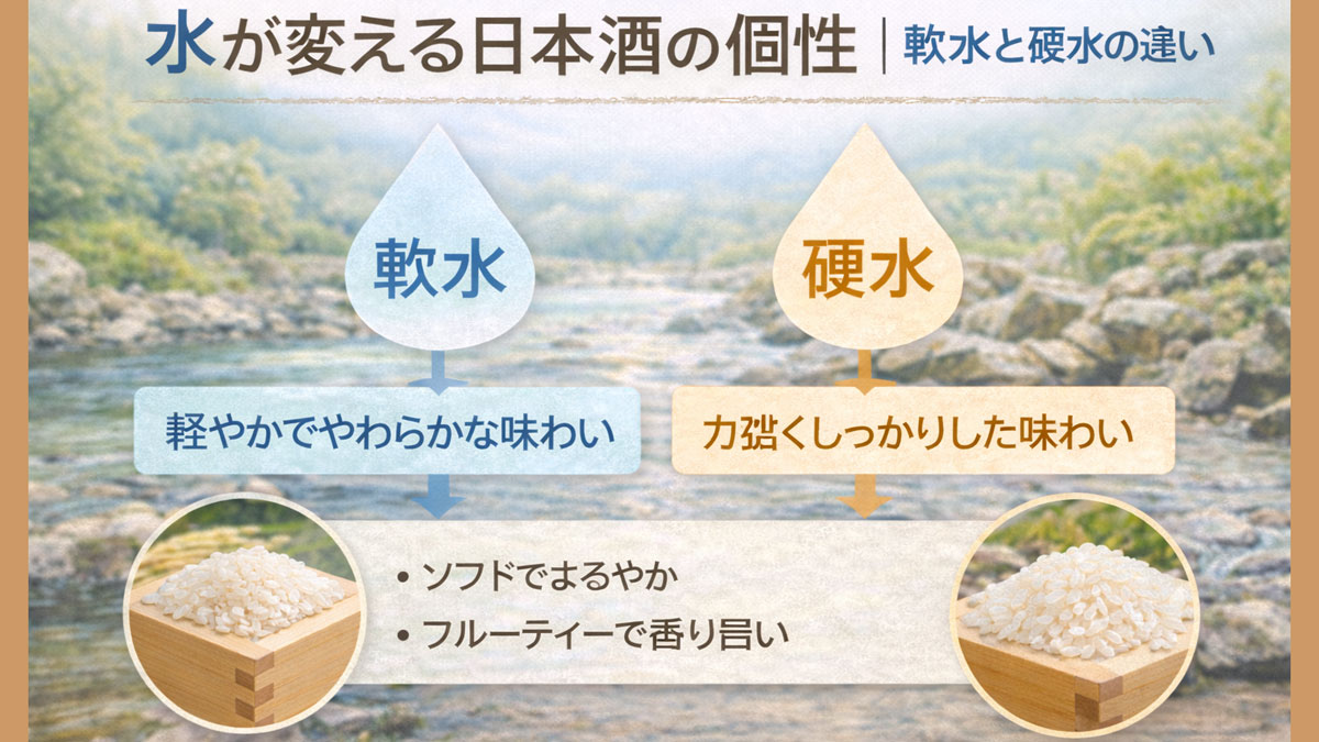 川の風景を背景に、軟水と硬水をしずくのイラストで左右に比較し、「水が変える日本酒の個性|軟水と硬水の違い」と日本語テキストを入れた、ナチュラルで優しい雰囲気の解説イメージ画像