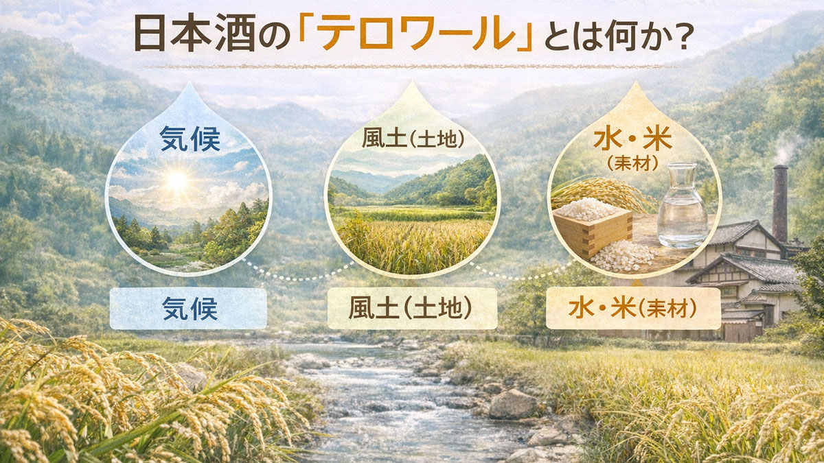 棚田と山々、酒蔵の風景を背景に、気候・風土(土地)・水と米の要素を示し「日本酒の『テロワール』とは何か?」と日本語テキストを入れた、ナチュラルで優しい雰囲気の解説イメージ画像
