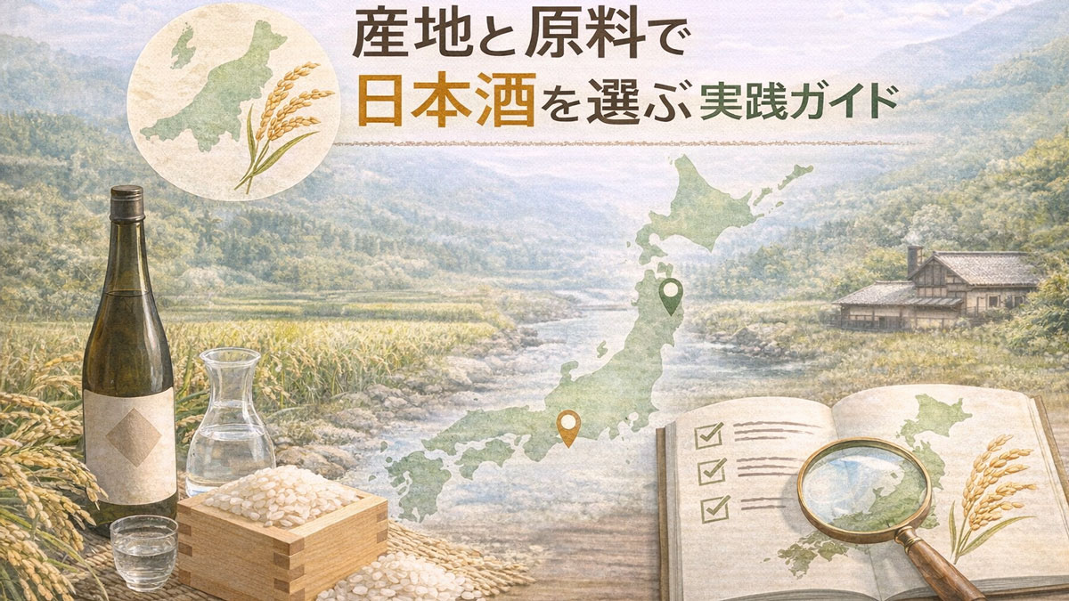 日本地図を背景に、酒瓶と木枡の酒米、水の入った徳利、ガイドブックと虫眼鏡を配置し、「産地と原料で日本酒を選ぶ実践ガイド」と日本語テキストを入れた、ナチュラルで優しい雰囲気の解説イメージ画像