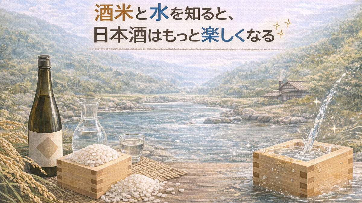 木枡に入った酒米と徳利・お猪口、清らかな水の流れと里山風景を背景に、「酒米と水を知ると、日本酒はもっと楽しくなる」と日本語テキストを配した、ナチュラルで優しい雰囲気のまとめイメージ画像